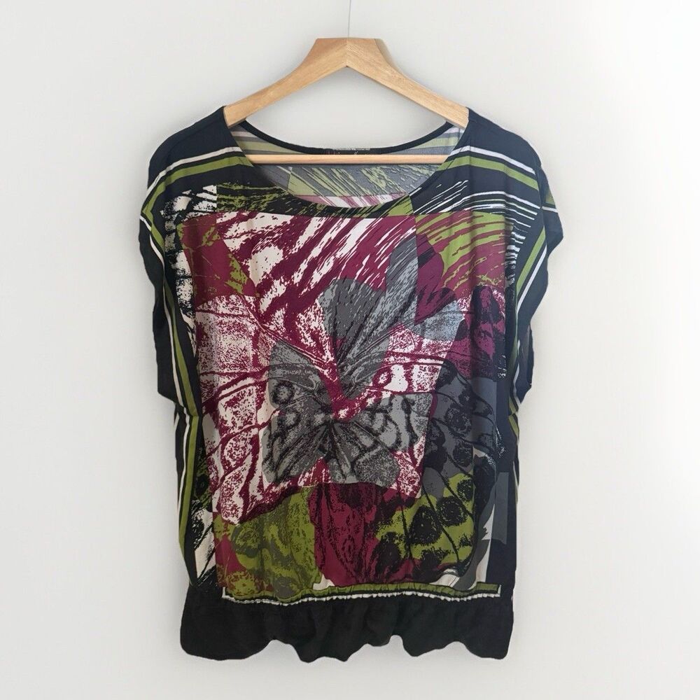 Y2K Heart Soul Top Womens 1X Butterfly Abstract Graphic Smocked Artsy Blouse